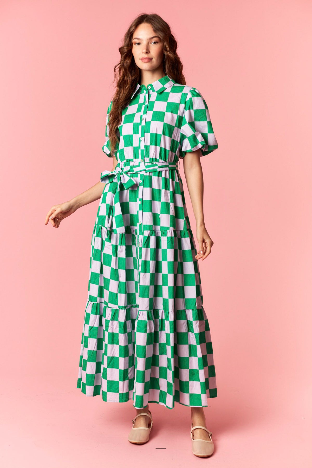 Green& purple check dress