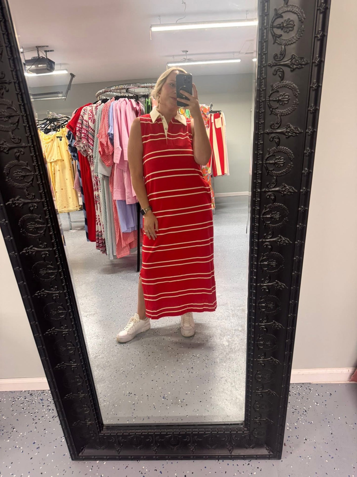 Red stripe midi casual dress